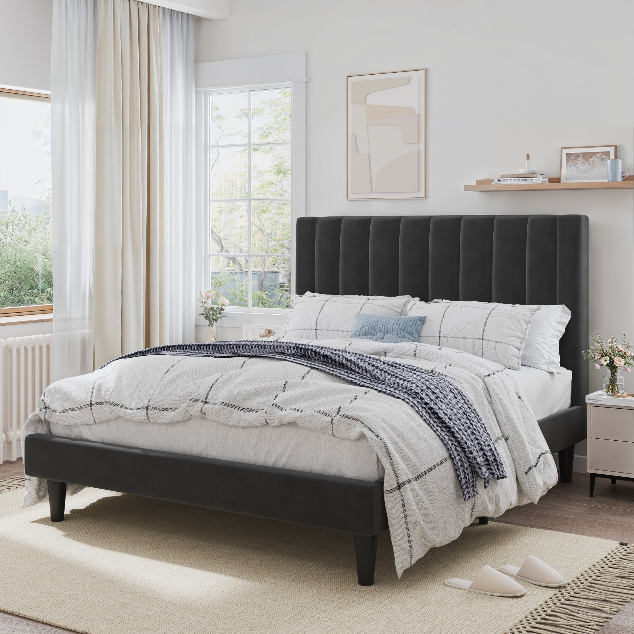 Queen Black Velvet Upholstered Platform Bed with Tufted Headboard