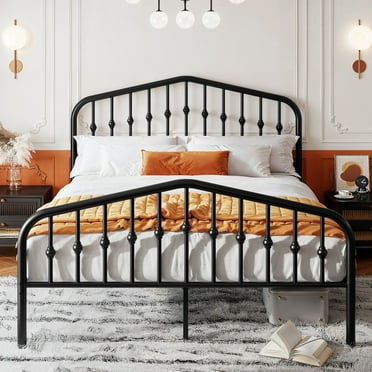 SHA CERLIN Black Queen Size Platform Metal Bed Frame with Victorian Vintage Headboard, Adult