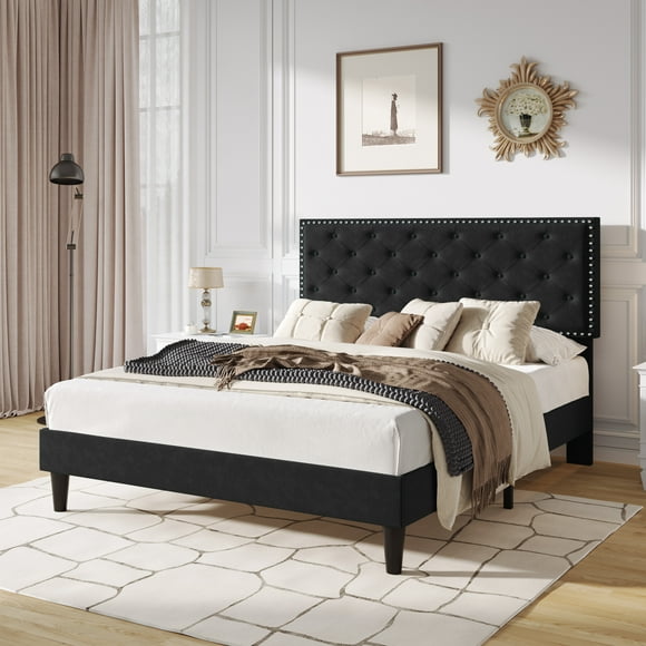 SHA CERLIN Black Queen Size Velvet Platform Bed Frame with Adjustable Headboard & Underbed Storage, Adult