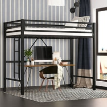 SHA CERLIN Black Twin Size Metal Loft Bed with Removable Stair & Safety Guard