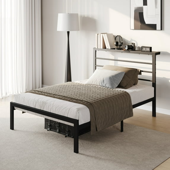 SHA CERLIN Black Twin Size Metal Platform Bed Frame with Black Shelf Headboard & Storage, Adult