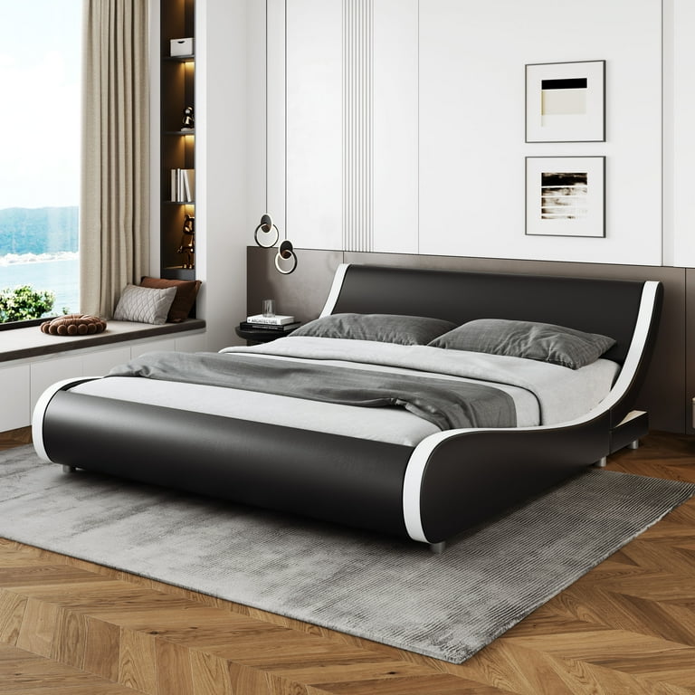 Sha CERLIN Black White Queen Size Platform Bed Frame Faux Leather Low Profile Sleigh Bed Frame with Adjustable Headboard Adult