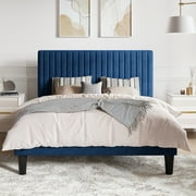 SHA CERLIN Blue Full Size Platform Bed Frame with Adjustable Velvet Channel Headboard, Adult