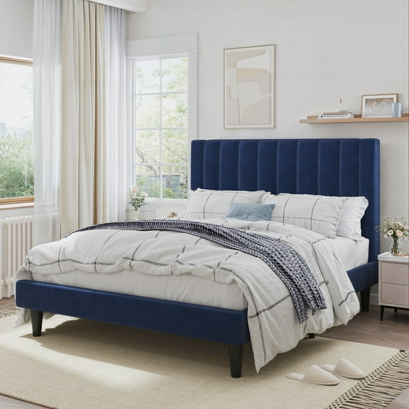 SHA CERLIN Blue Full Size Platform Bed Frame with Velvet Channel Headboard, Adult