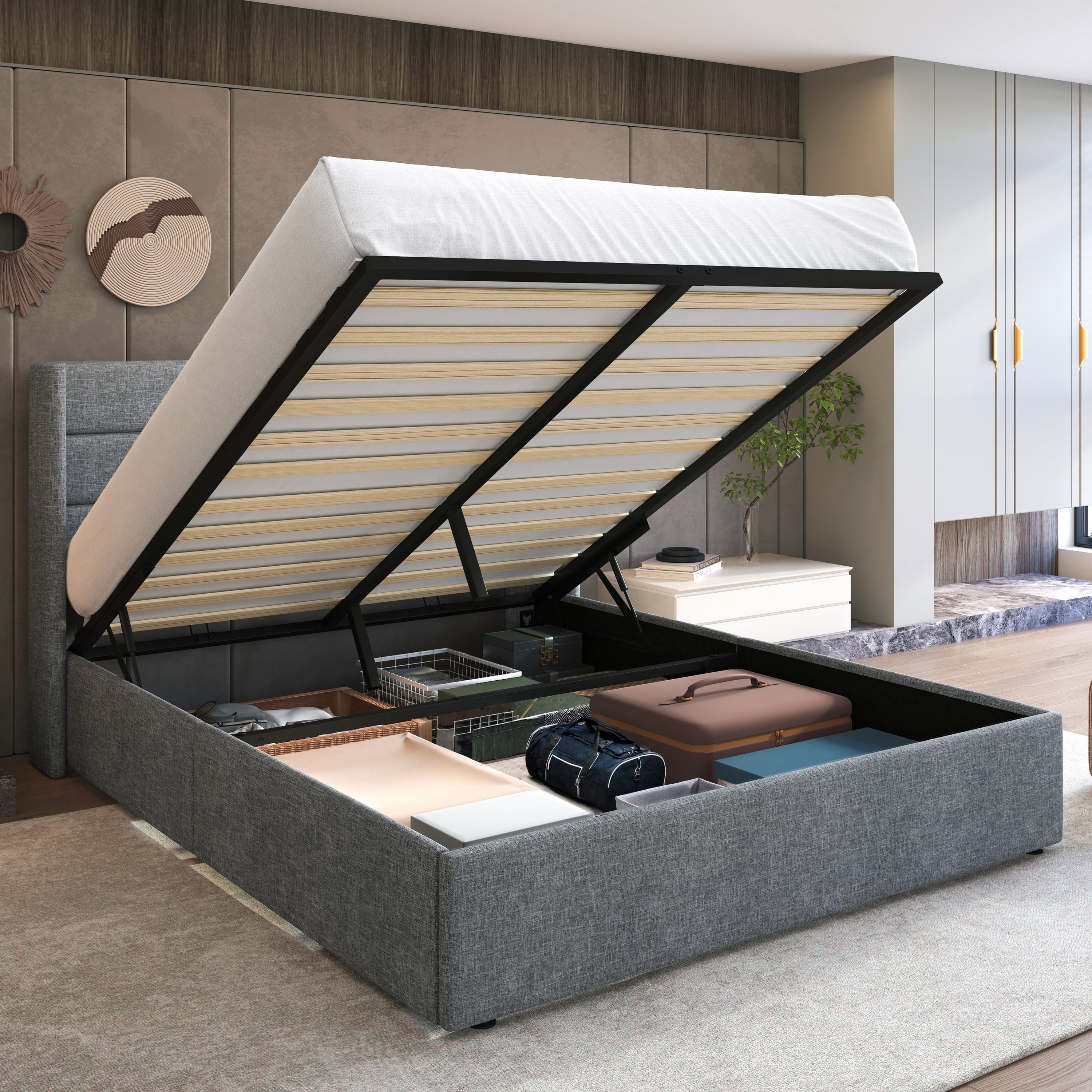 Sha Cerlin Queen Size Lift Up Hydraulic Storage Bed Frame, Platform Bed with Fabric Upholstered Wingback Headboard, No Box Spring Needed, Blue Gray