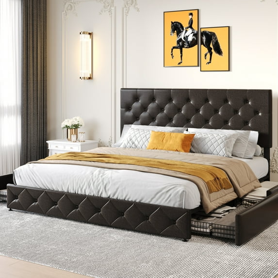 Sha Cerlin Brown King Leather Platform Bed Frame with 4 Storage Drawers & Adjustable Headboard, Adult