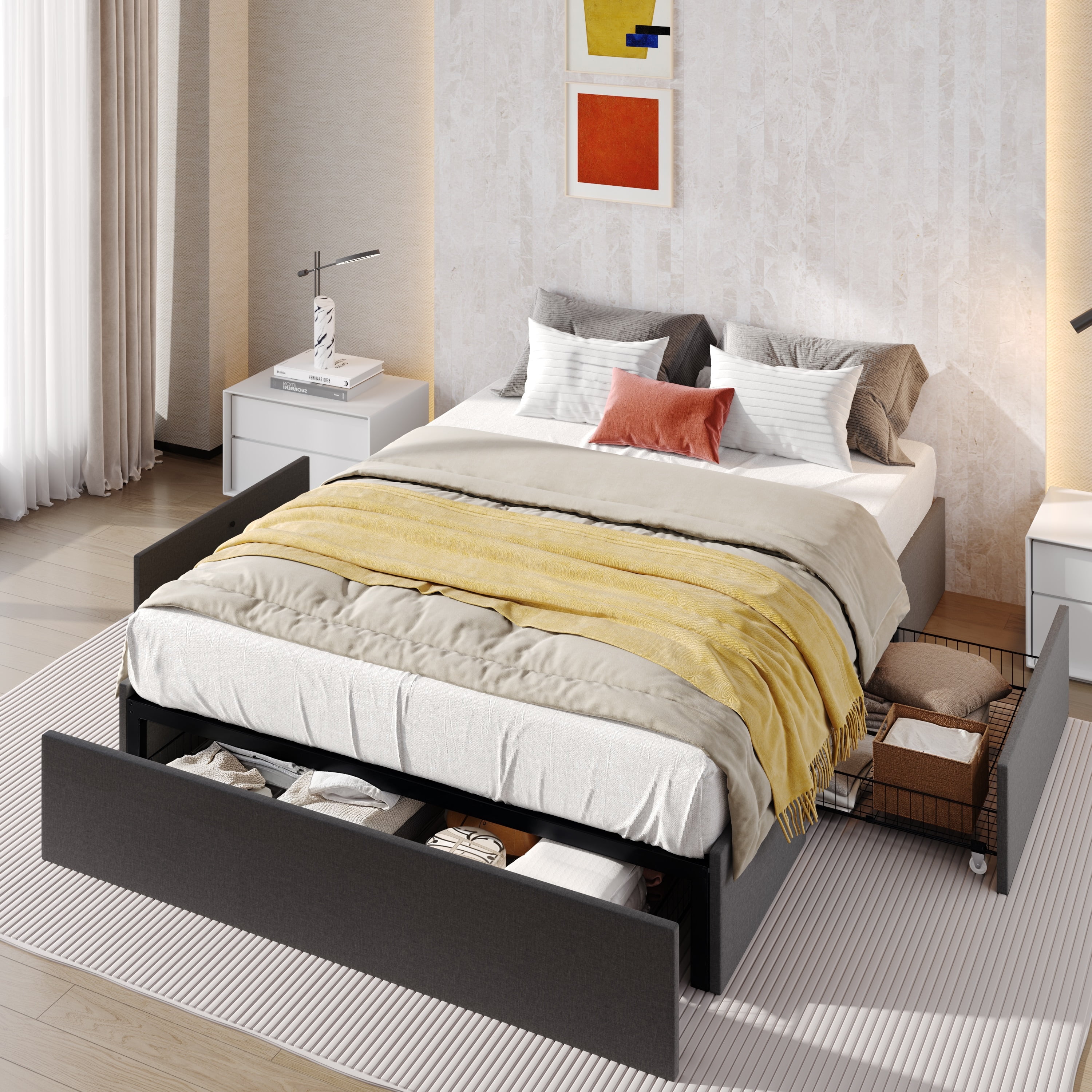 SHA CERLIN Dark Grey Queen Size Platform Bed Frame with 3 Storage Drawers, Adult