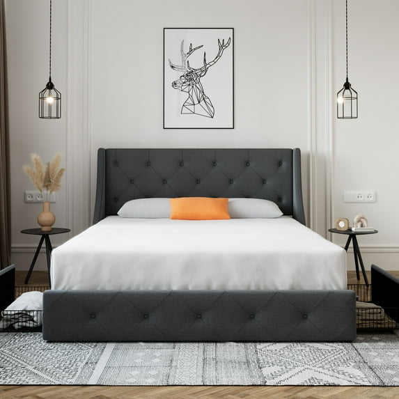 SHA CERLIN Dark Grey Queen Size Platform Bed Frame with 4 Storage Drawers & Wingback Headboard, Adult