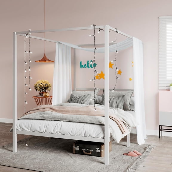 SHA CERLIN Full Size Canopy Bed Frame with Metal Slats Support, White