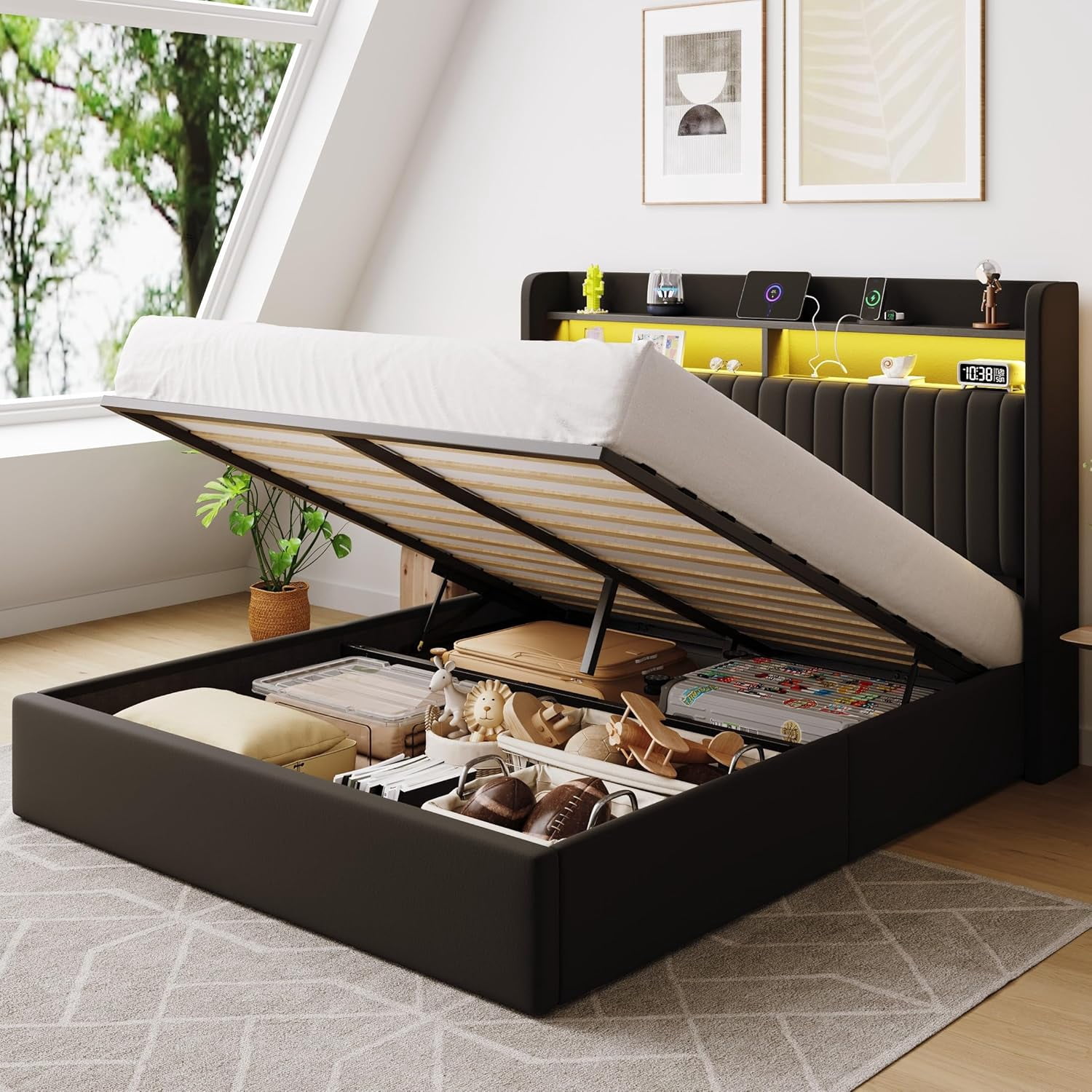 SHA CERLIN Full Size Lift Up Storage Bed Frame, LED Lights, Charging Station, 2-Tier Shelves Headboard, USB Type-C Ports, Velvet Upholstered, Hydraulic Support, Noise Free, Black