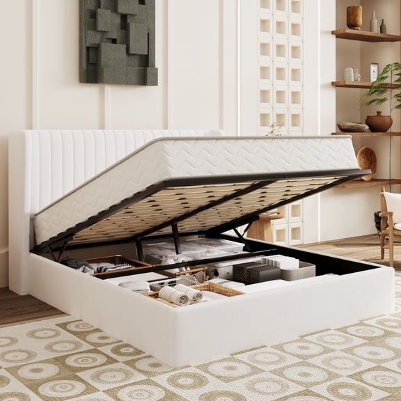 SHA CERLIN Full Size Lift Up Storage Bed Frame, Vertical Channel Tufted Headboard with Wingback, Hydraulic Underneath Storage Space, Velvet Upholstered Platform Bed, White