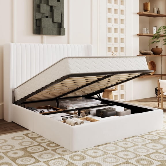 SHA CERLIN Full Size Lift Up Storage Bed Frame, Vertical Channel Tufted Headboard with Wingback, Hydraulic Underneath Storage Space, Velvet Upholstered Platform Bed, White