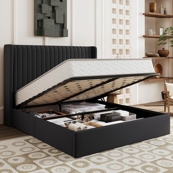 SHA CERLIN Full Size Lift Up Storage Bed Frame, Vertical Channel Tufted Headboard with Wingback, Hydraulic Underneath Storage Space, Velvet Upholstered Platform Bed, Black
