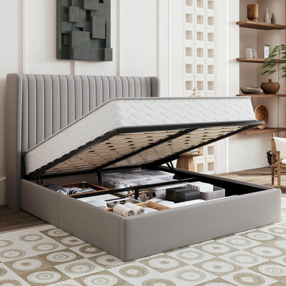 SHA CERLIN Full Size Lift Up Storage Bed Frame, Vertical Channel Tufted Headboard with Wingback, Hydraulic Underneath Storage Space, Velvet Upholstered Platform Bed, Grey