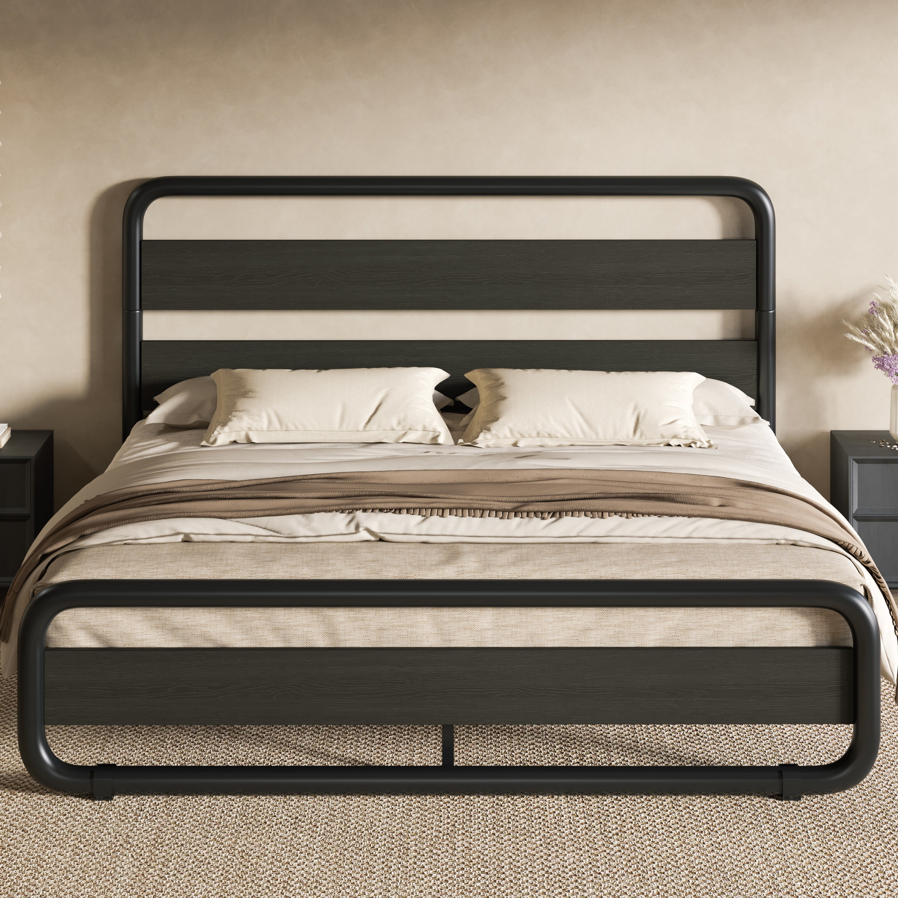 SHA CERLIN Full Size Metal Bed Frame with Wooden Headboard and Footboard, Heavy Duty Oval-Shaped Platform Bed Frame with 10" Under-Bed Storage, Noise Free, No Box Spring Needed, Black