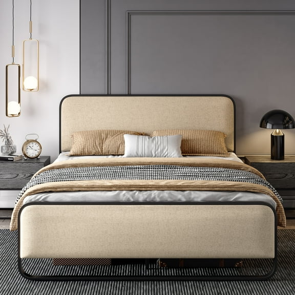 SHA CERLIN Full Size Metal Platform Bed Frame with Curved Headboard and Under-bed Storage, Beige