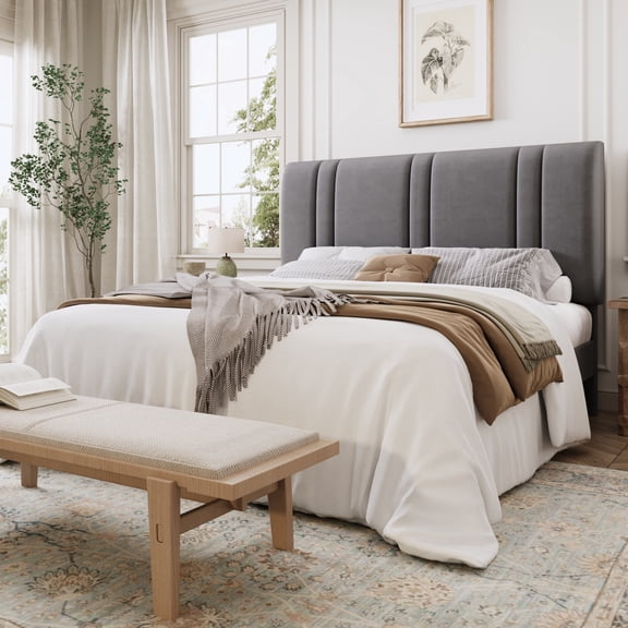 SHA CERLIN Full Size Platform Bed Frame, Velvet Upholstered Bed with Adjustable Headboard, Vertical Channel Tufted Design, Sturdy Wood Slat Support, No Box Spring Needed, Easy Assembly, Light Gray