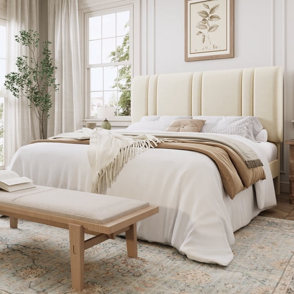 SHA CERLIN Full Size Platform Bed Frame, Velvet Upholstered Bed with Adjustable Headboard, Vertical Channel Tufted Design, Sturdy Wood Slat Support, No Box Spring Needed, Easy Assembly, Cream White