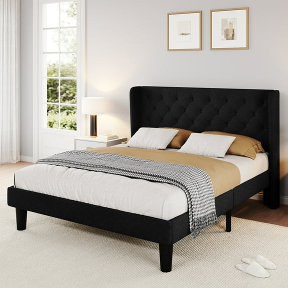 SHA CERLIN Full Size Platform Bed Frame with Fabric Wingback&Tufted Upholstered Headboard, Black