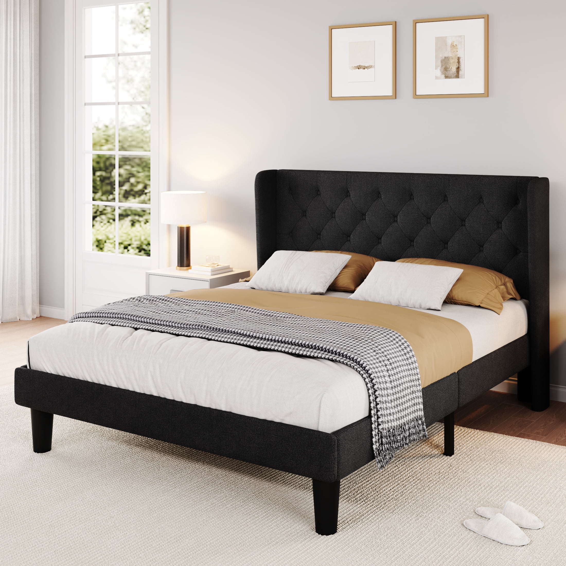 SHA CERLIN Full Size Platform Bed Frame with Fabric Wingback&Tufted ...