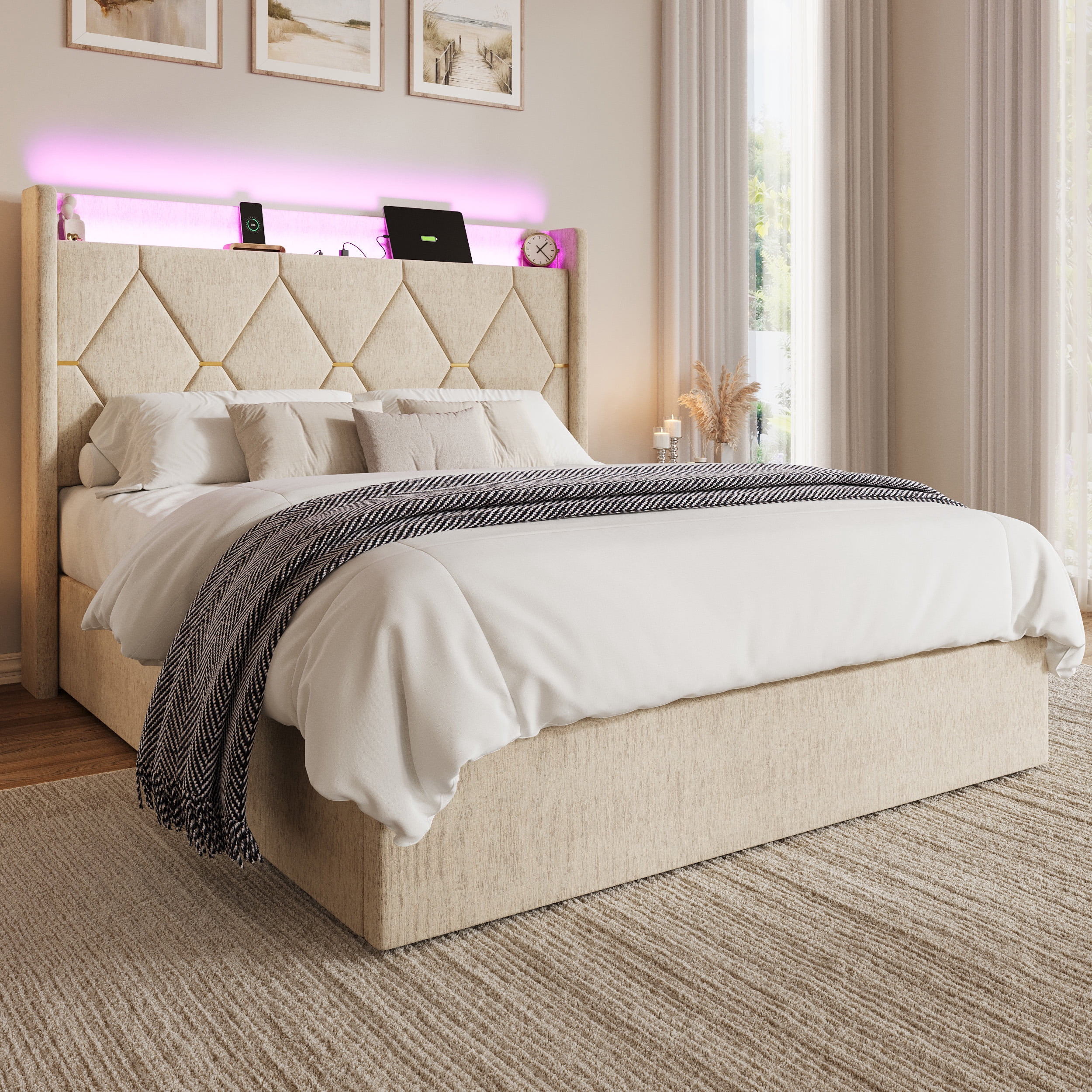 SHA CERLIN Full Size Upholstered Platform Bed Frame with LED Lights ...