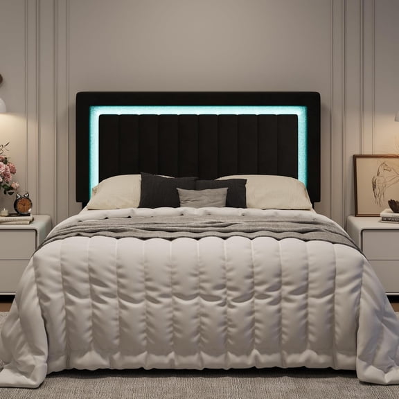 SHA CERLIN Full Size Velvet Bed Frame with LED Light, Adjustable Vertical Channel Tufted Headboard, Strong Wooden Slats Support, Noise-Free, No Box Spring Needed, Black