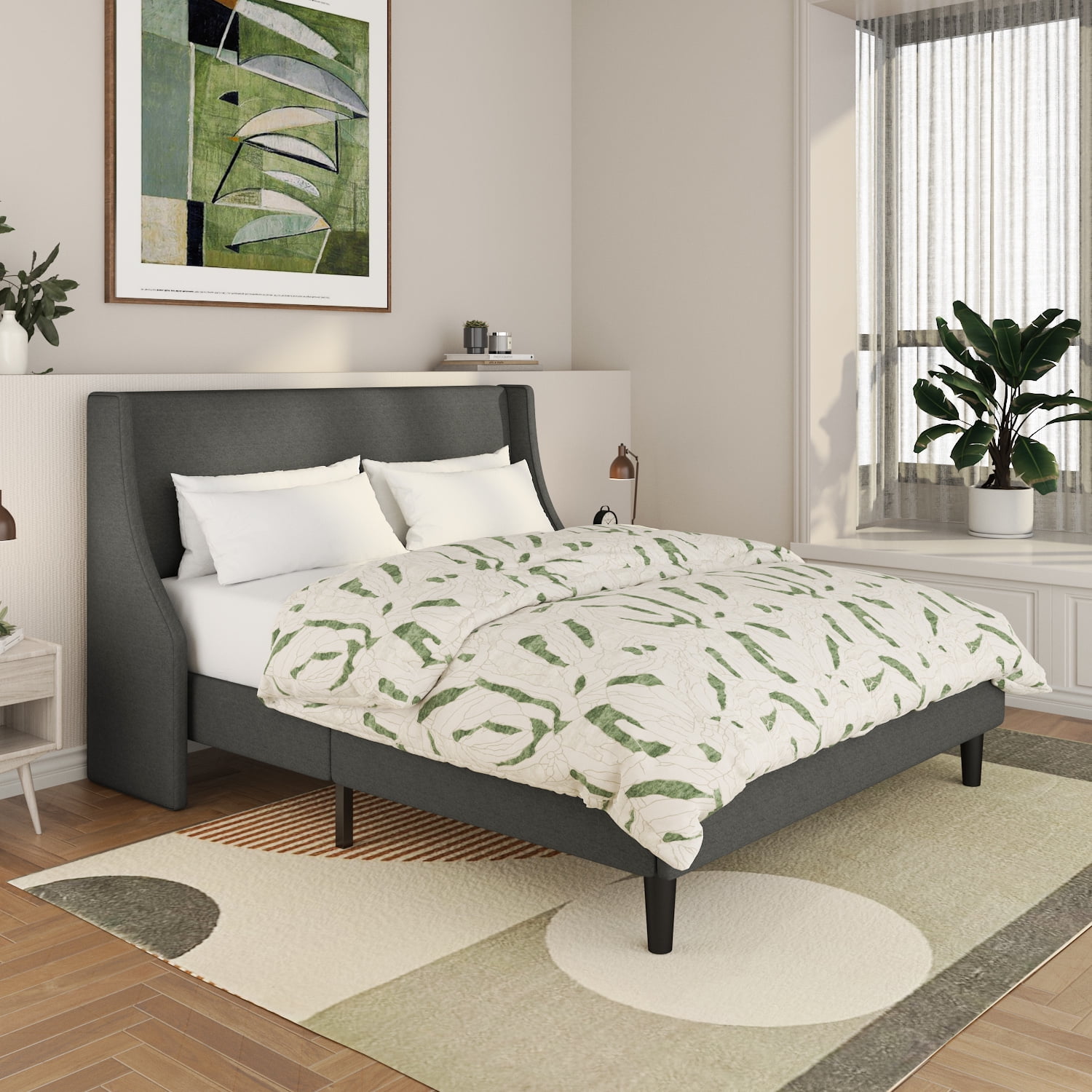 SHA CERLIN Full Upholstered Platform Bed Frame with Wingback Headboard, Grey, Adults