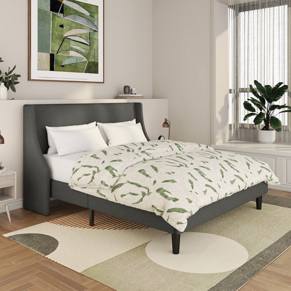 SHA CERLIN Full Upholstered Platform Bed Frame with Wingback Headboard, Grey, Adults