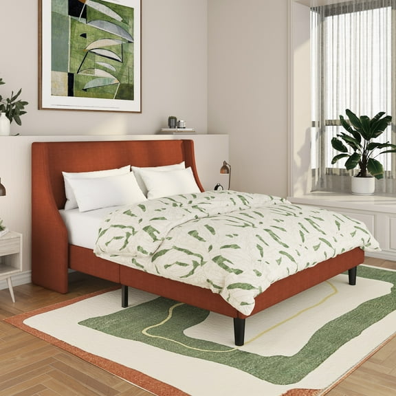 SHA CERLIN Full Upholstered Platform Bed Frame with Wingback Headboard, Orange, Adults