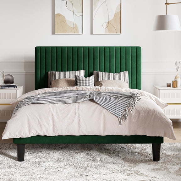 SHA CERLIN Green Full Size Upholstered Platform Bed Frame with Adjustable Velvet Channel Headboard, Adult