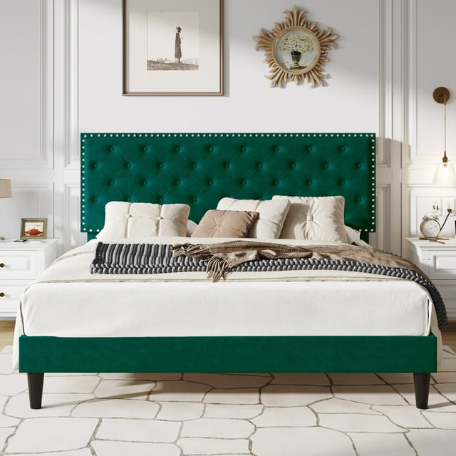 SHA CERLIN Green King Upholstered Bed Frame with Adjustable Diamond Button Tufted Headboard, Adult
