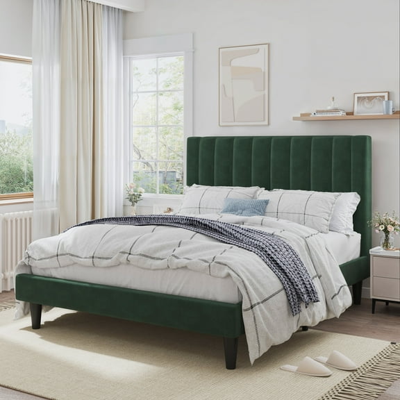 SHA CERLIN Green Queen Size Platform Bed Frame with Velvet Vertical Channel Headboard, Adult
