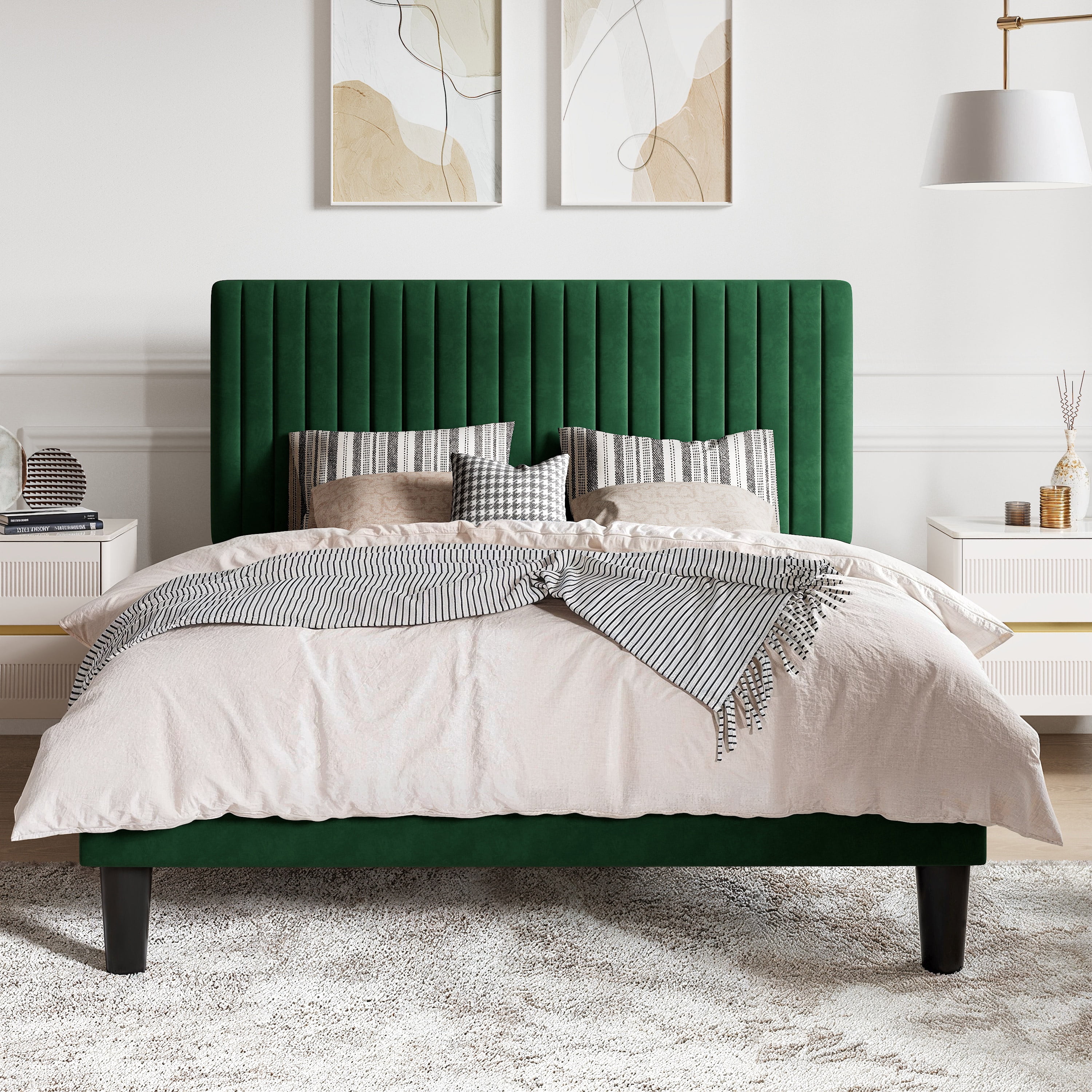 SHA CERLIN Green Queen Size Upholstered Platform Bed Frame with Adjustable Channel Velvet Headboard