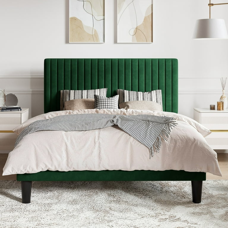 Sha CERLIN Green Queen Size Upholstered Platform Bed Frame with Adjustable Channel Velvet Headboard
