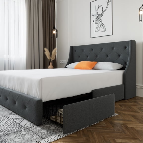 SHA CERLIN Dark Grey Full Size Platform Bed Frame with 4 Storage Drawers, Fabric Wingback Headboard, Adult