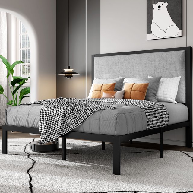 SHA CERLIN Grey Full Size Platform Bed Frame with Fabric Headboard