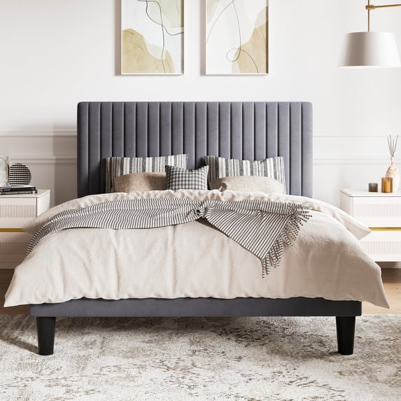 SHA CERLIN Grey Full Size Upholstered Platform Bed Frame with Adjustable Channel Velvet Headboard