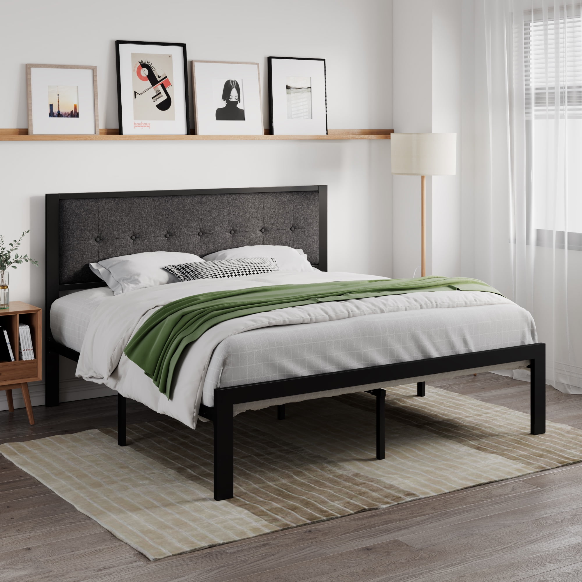 SHA CERLIN Grey King Size Metal Platform Bed Frame with Headboard