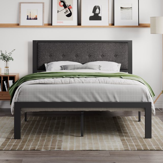 SHA CERLIN Grey Queen Size Metal Platform Bed Frame with Tufted