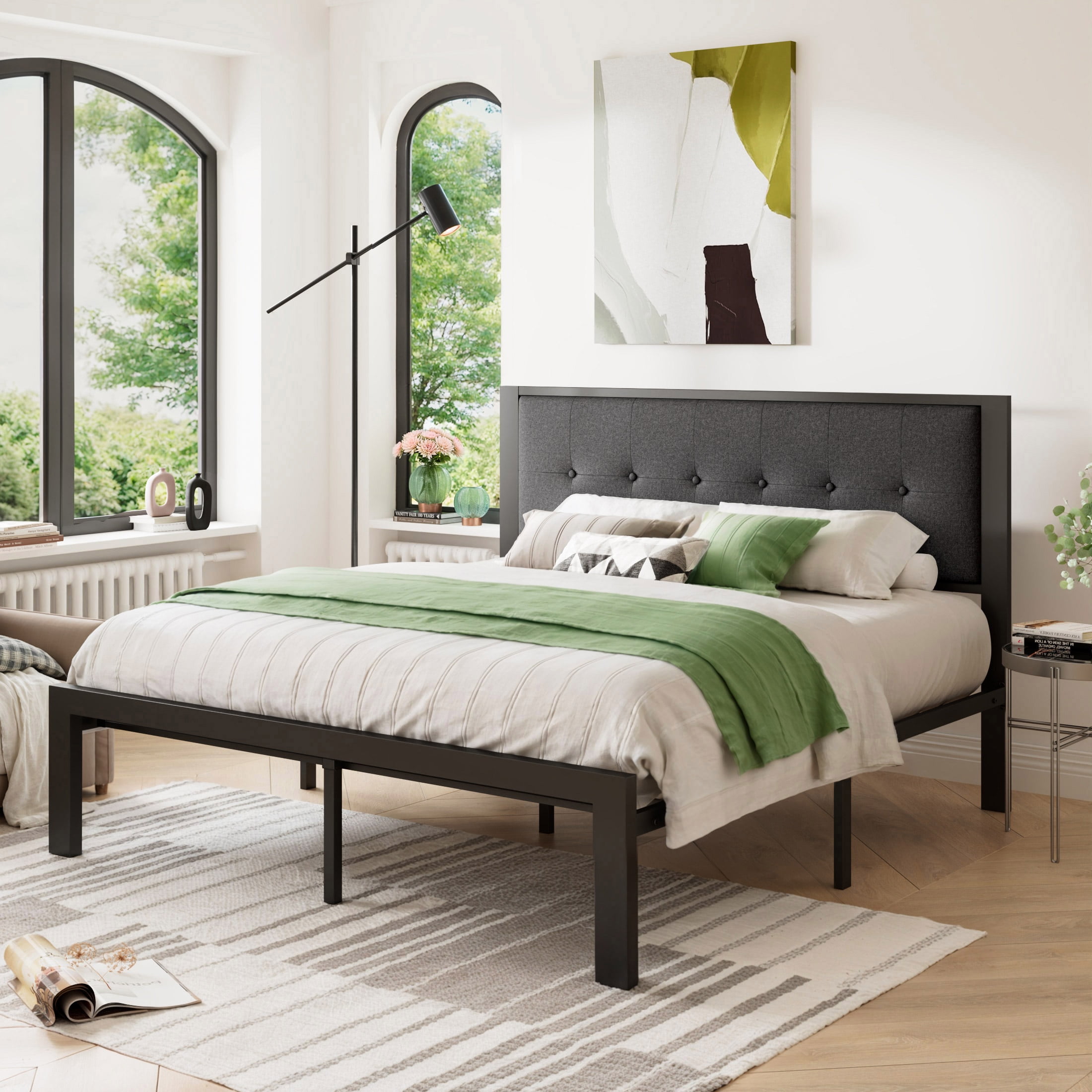 SHA CERLIN Grey Queen Size Metal Platform Bed Frame with Tufted
