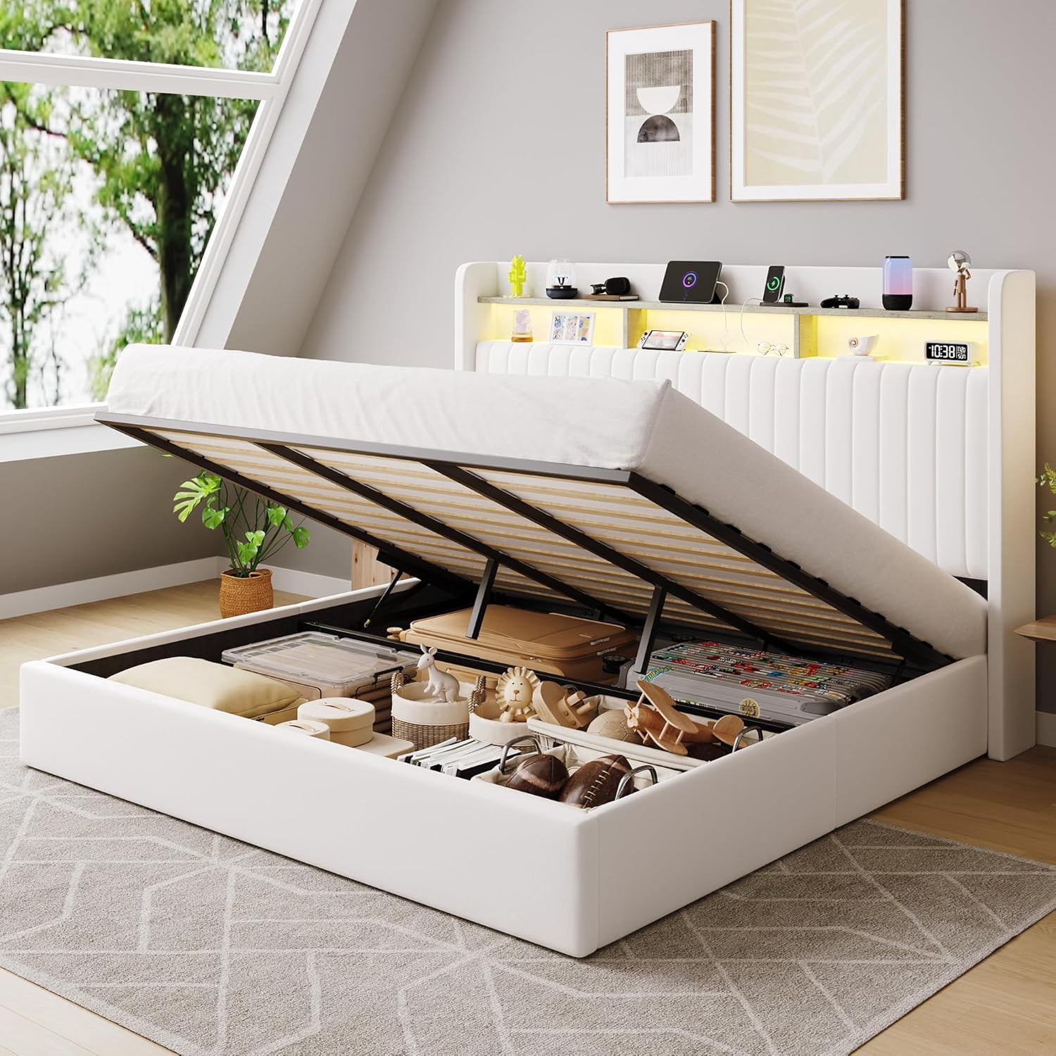 SHA CERLIN King Size Lift Up Storage Bed Frame, LED Lights, Charging Station, 2-Tier Shelves Headboard, USB Type-C Ports, Velvet Upholstered, Hydraulic Support, Noise Free, White