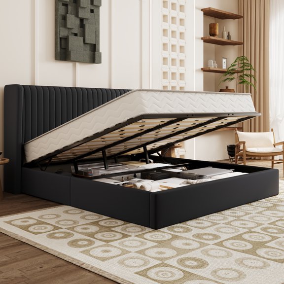 SHA CERLIN King Size Lift Up Storage Bed Frame, Vertical Channel Tufted Headboard with Wingback, Hydraulic Underneath Storage Space, Velvet Upholstered Platform Bed, Black