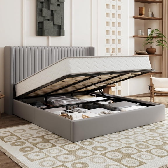 SHA CERLIN King Size Lift Up Storage Bed Frame, Vertical Channel Tufted Headboard with Wingback, Hydraulic Underneath Storage Space, Velvet Upholstered Platform Bed, Grey