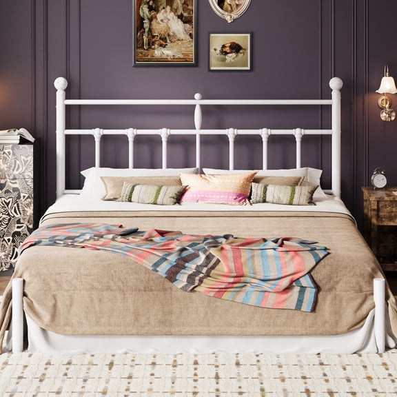 SHA CERLIN King Size Metal Platform Bed Frame with Victorian Vintage Headboard/Under Bed Storage/No Box Spring Needed/Easy Assembly/Noise Free/Mattress Foundation/White