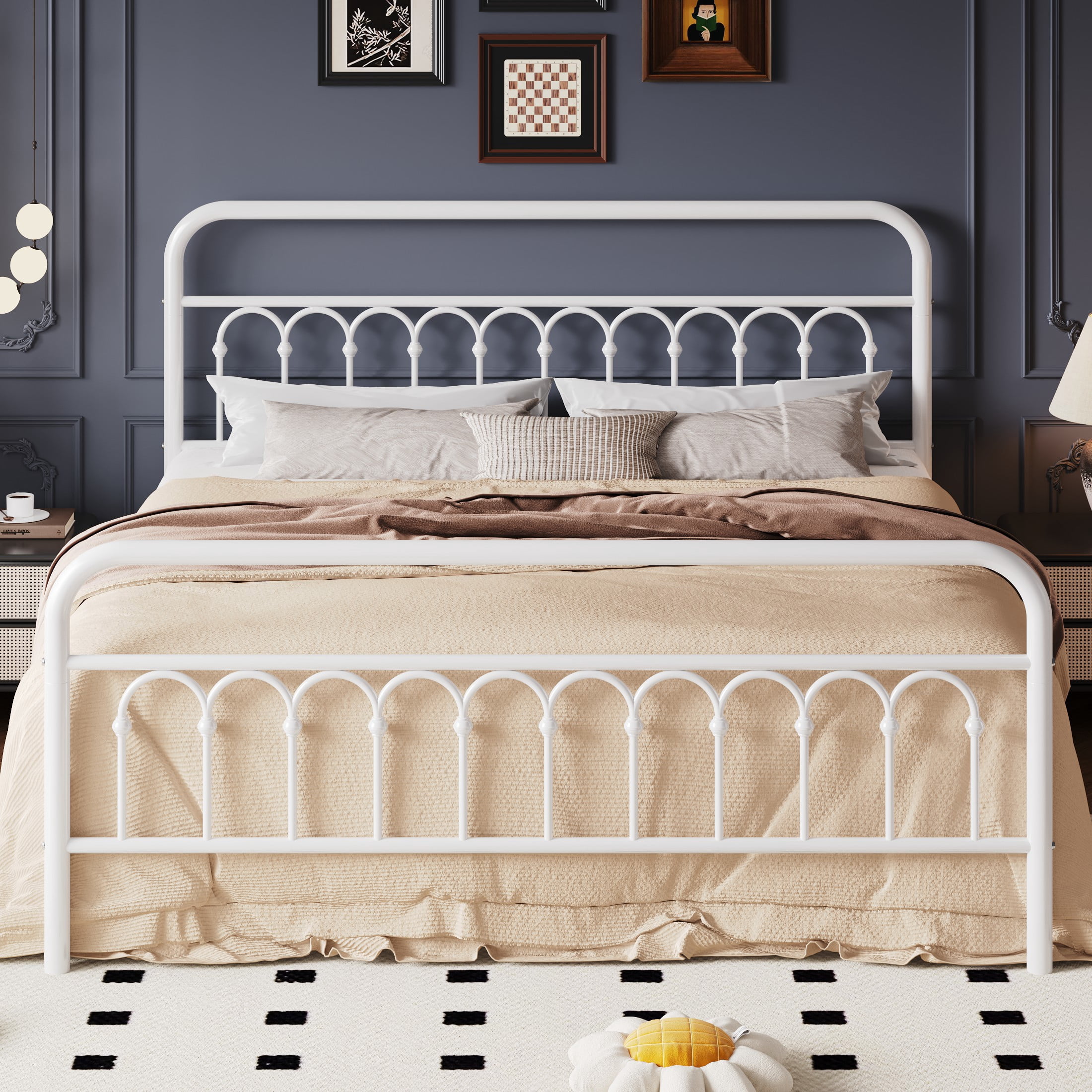 SHA CERLIN King Size Metal Platform Bed Frame with Headboard and Footboard, Iron Arch Finish, No Box Spring Needed, White