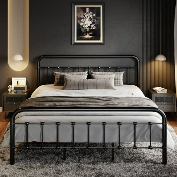 SHA CERLIN King Size Metal Platform Bed Frame with Victorian Vintage Headboard & Under-bed Storage, Black