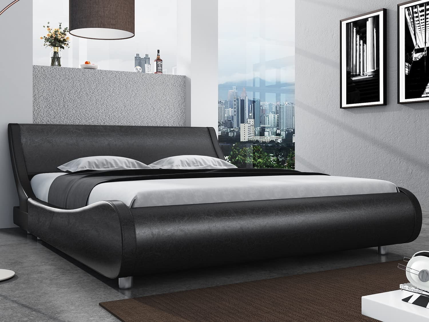 SHA CERLIN King Size Platform Bed, Faux Leather Low Profile Sleigh Bed