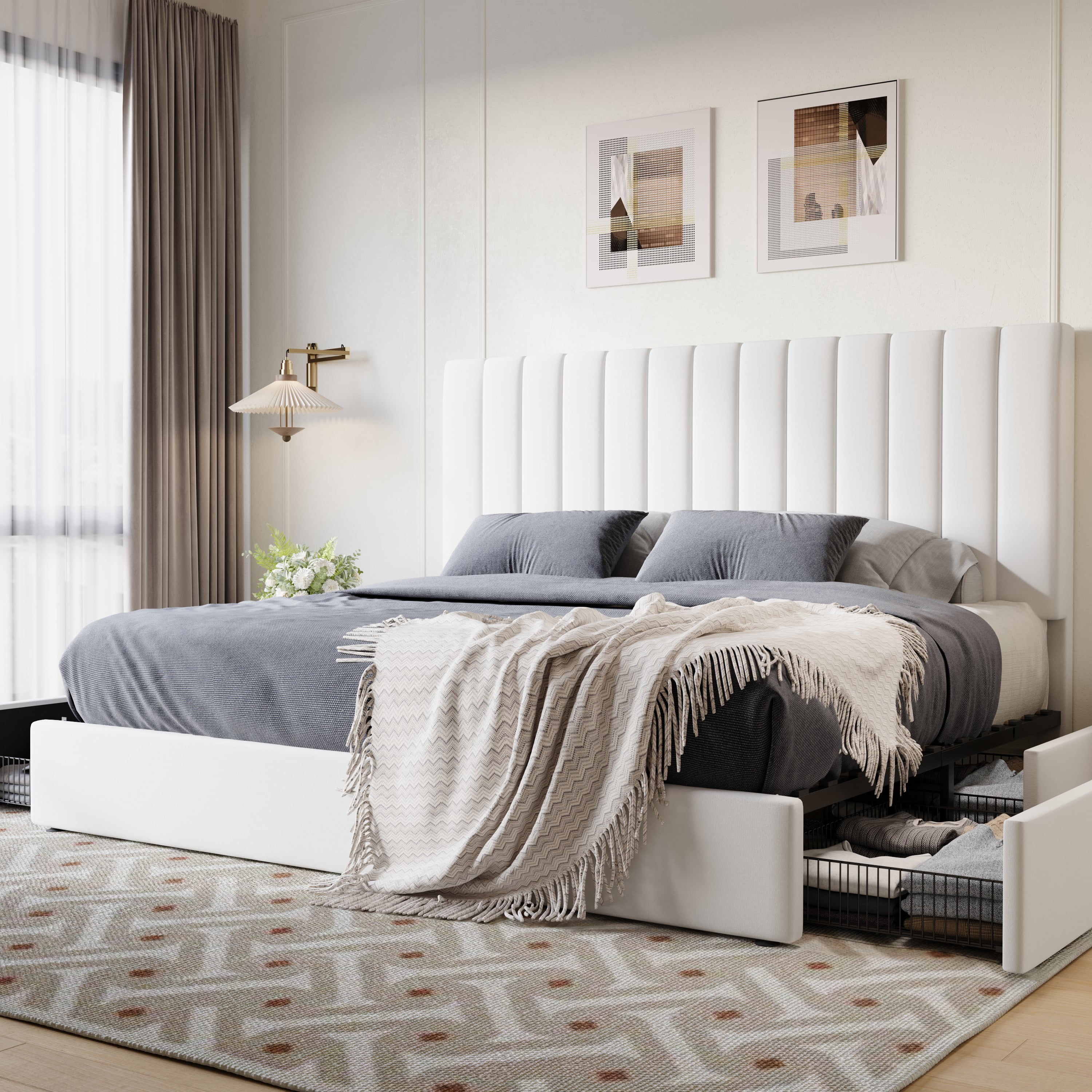 SHA CERLIN King Size Platform Bed Frame with 4 Storage Drawers, Vertical Channel Tufted Adjustable Headboard, Velvet Upholstered, Wooden Slats Support, No Box Spring Needed, White