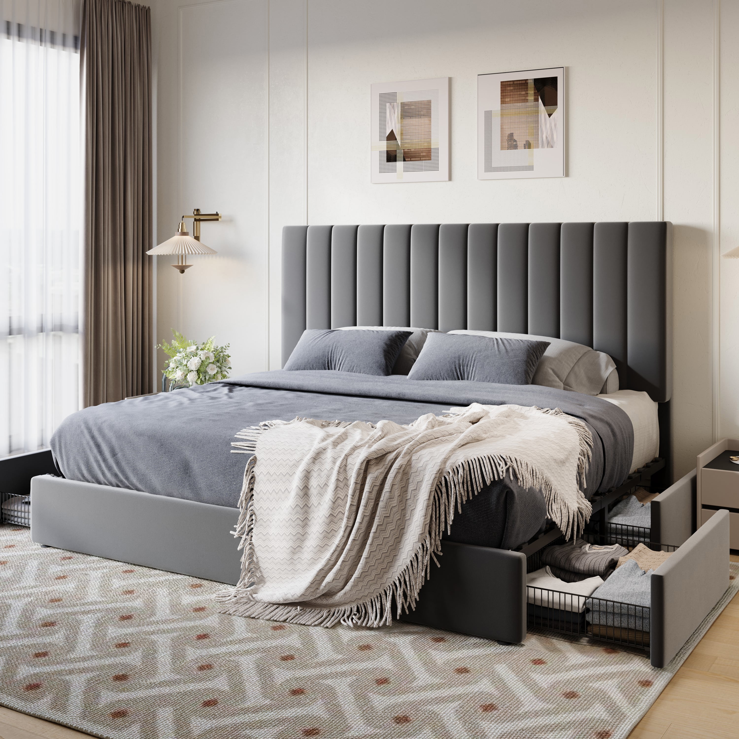 SHA CERLIN King Size Platform Bed Frame with 4 Storage Drawers, Vertical Channel Tufted Adjustable Headboard, Velvet Upholstered, Wooden Slats Support, No Box Spring Needed, Gray