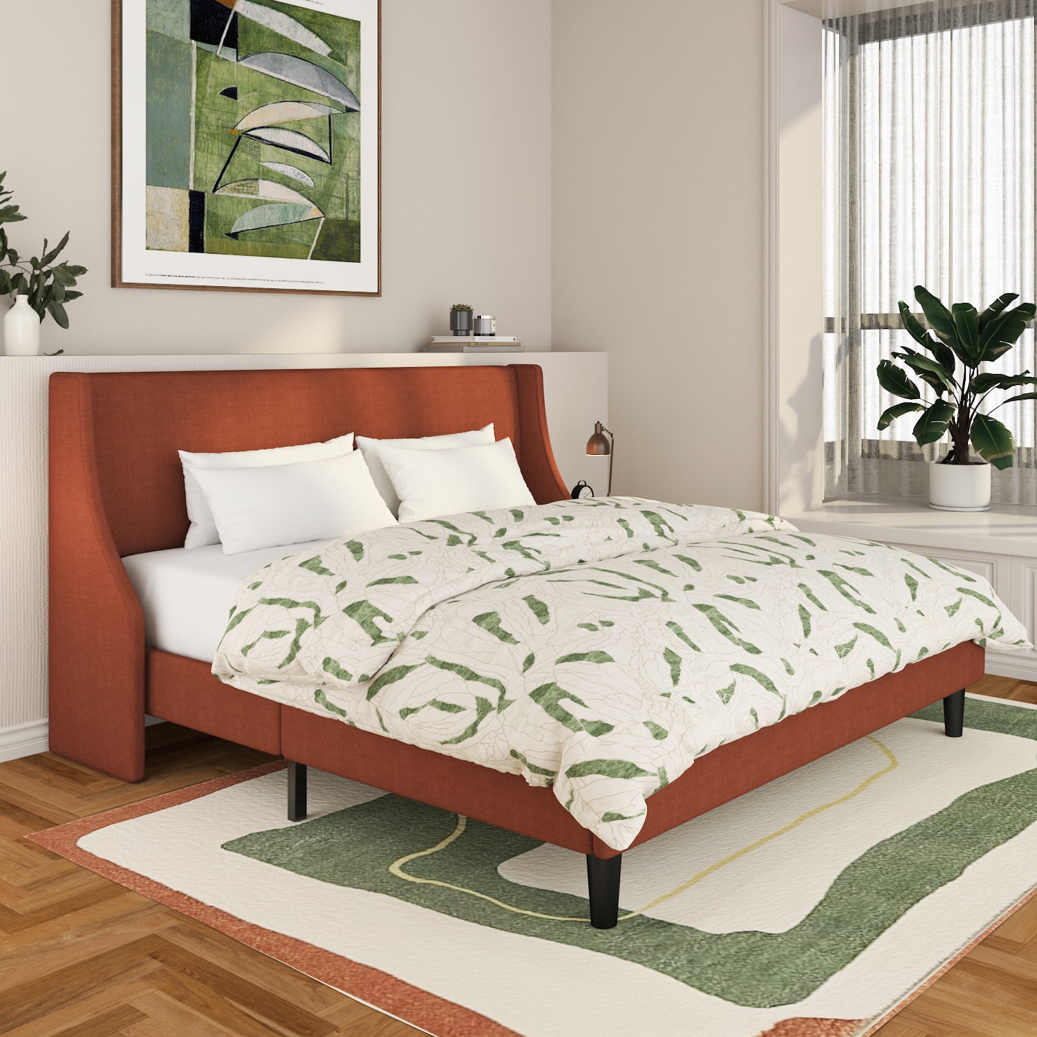 SHA CERLIN King Size Upholstered Platform Bed Frame with Wingback Headboard, Orange, Adults
